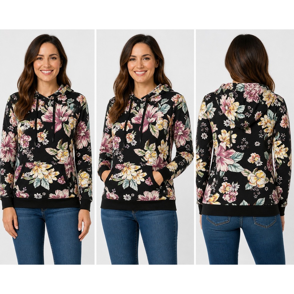 Lildy Pullover Hoodie Women's M Black Polyester Floral Kangaroo Pocket Stretch